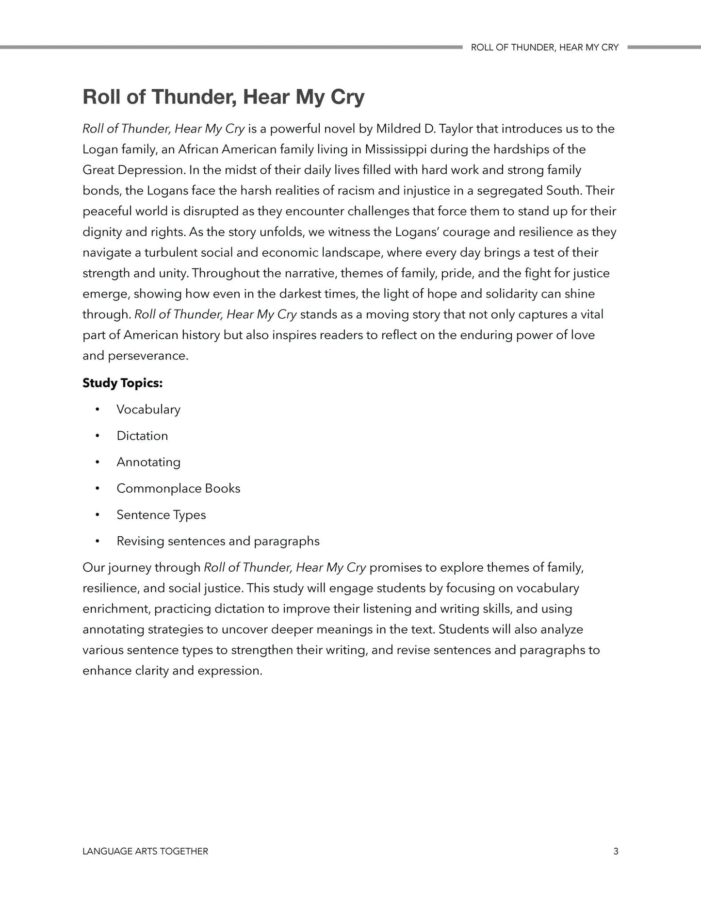 Roll of Thunder Hear My Cry Middle School Language Arts Together - Homeschool Better Together