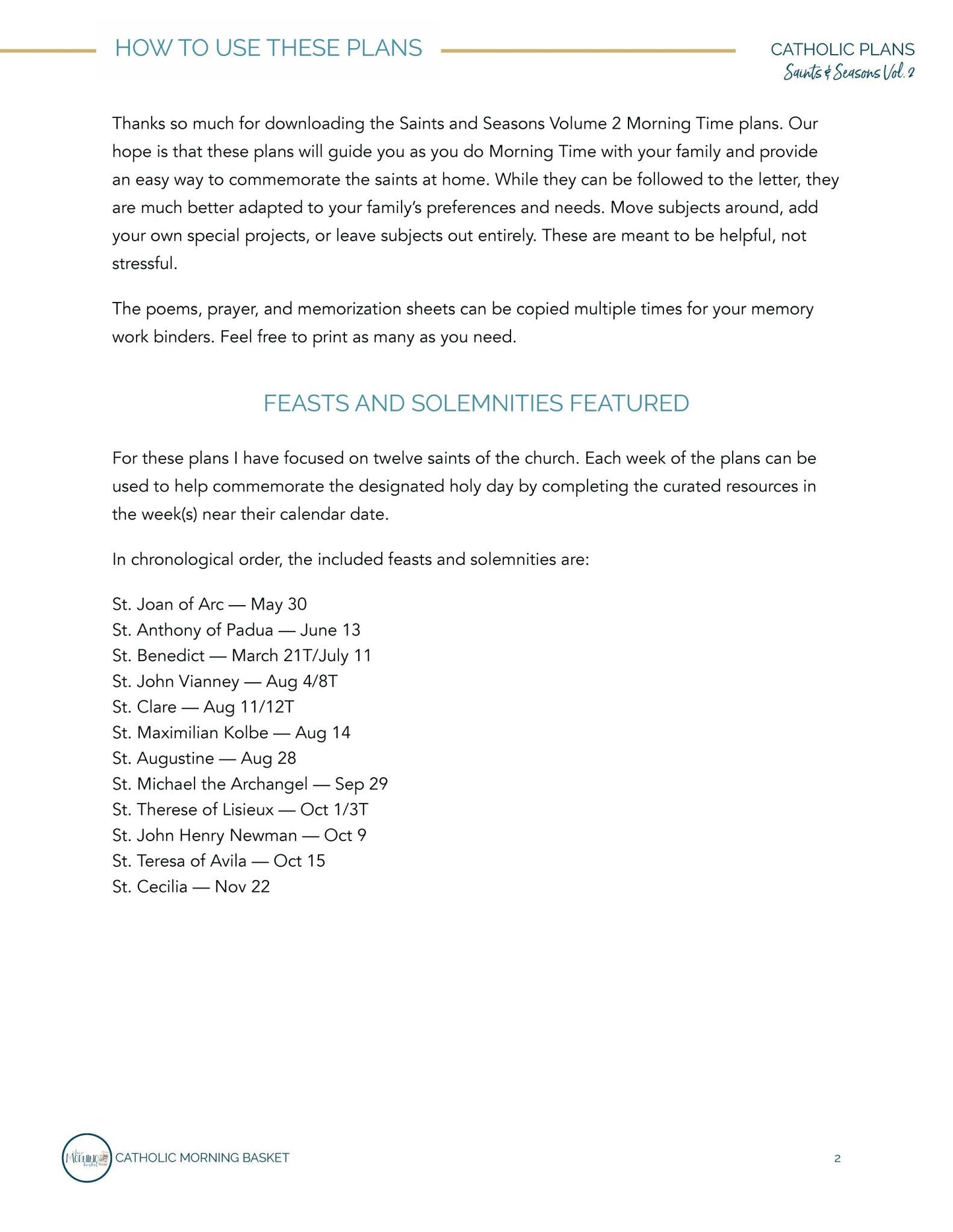 Saints and Seasons Morning Time Plans Vol. 2 - Homeschool Better Together