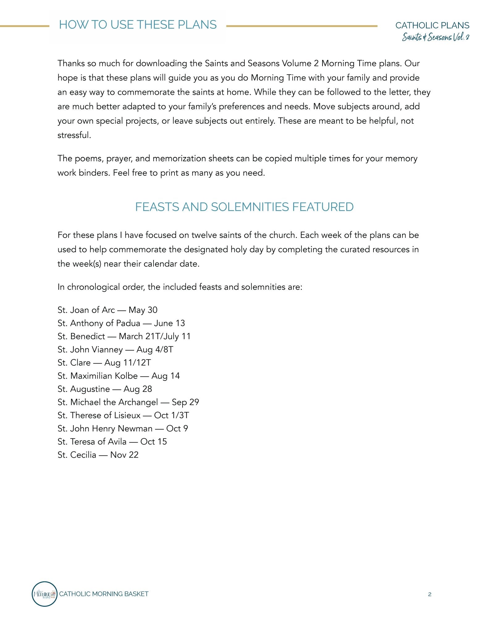 Saints and Seasons Morning Time Plans Vol. 2 - Homeschool Better Together